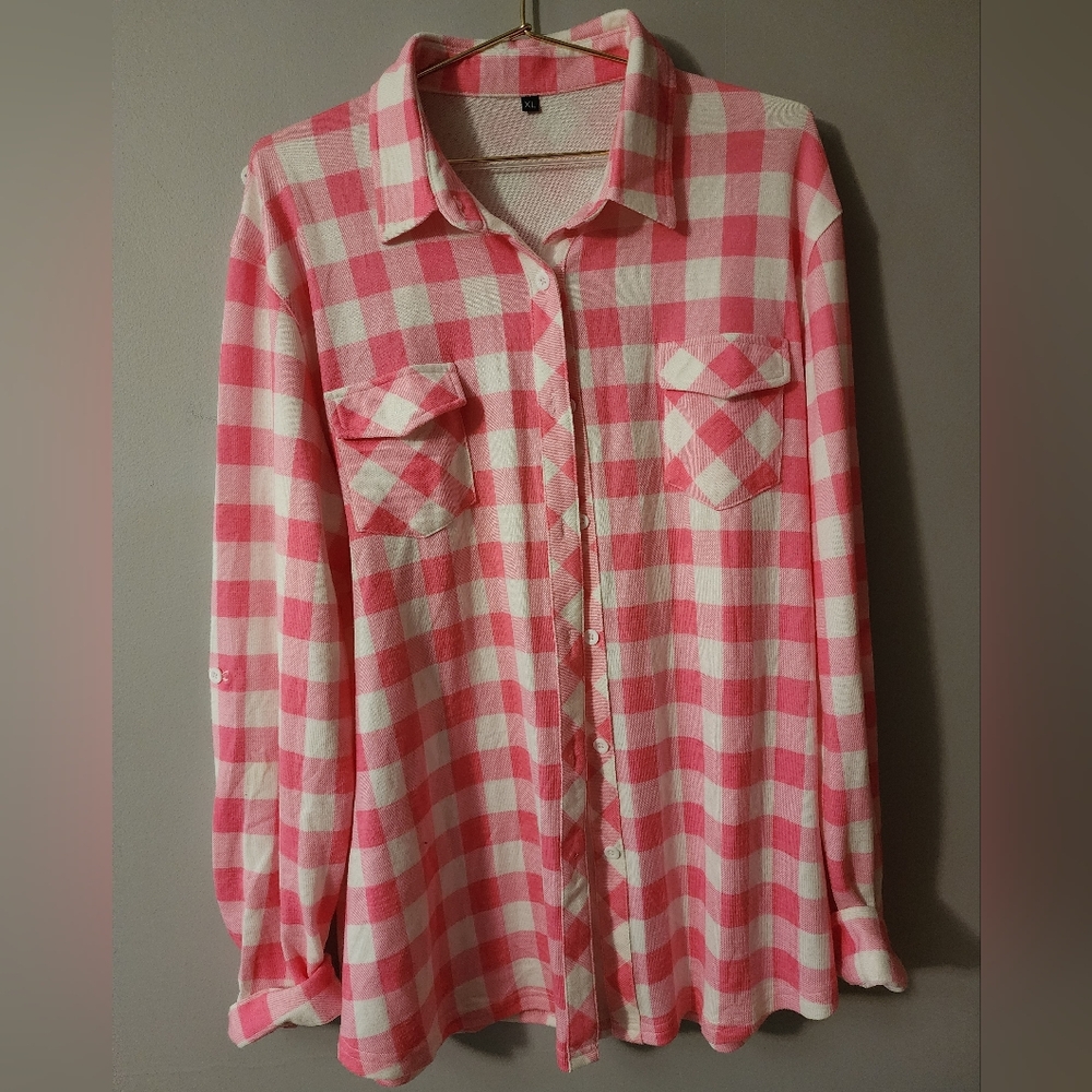 Pink and White Plaid Button-Up Shirt
